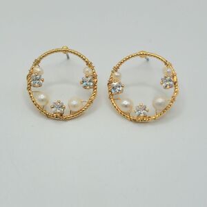 Dainty gold pearl and rhinestone hoop earrings